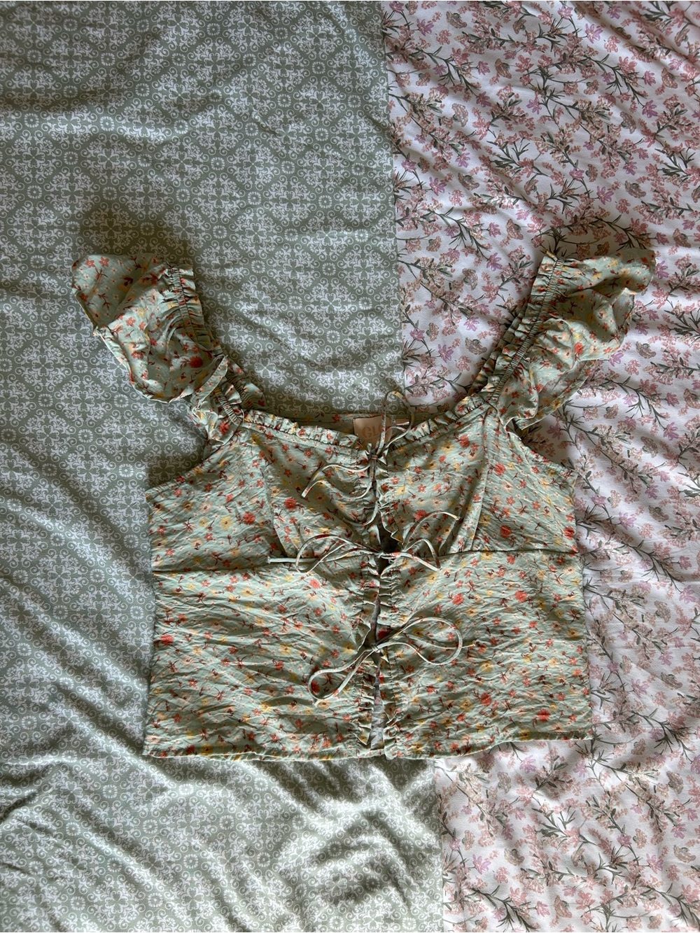 Floral Sage Green Tie-Front Ruffle Crop Top